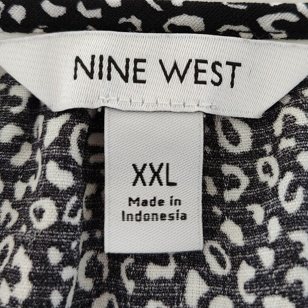 Nine West Womens XXL Black White Animal Print Split V-Neck Long Sleeve Blouse - Picture 3 of 9